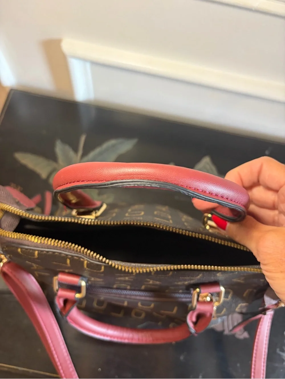 Aolida Monogram Satchel with Burgundy Trim and Strap
